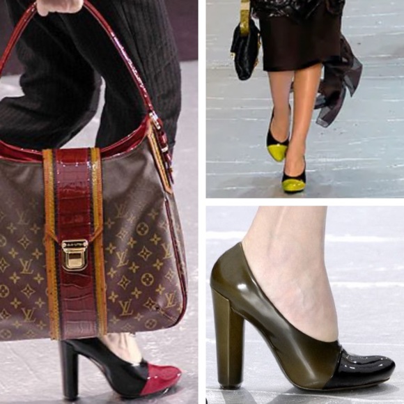 Louis Vuitton Navy Patent Leather Pumps Stilettos Sculptured Heel, Black Cap Toe - Picture 15 of 16